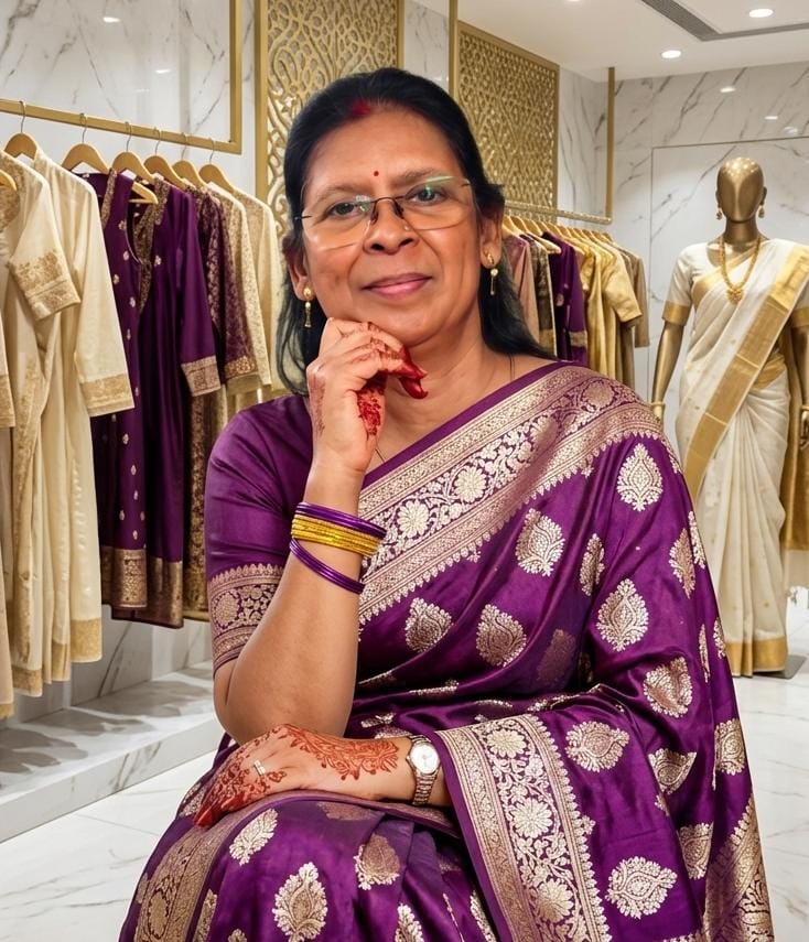 Mrs. Vandana Singh in a purple silk saree at her boutique
