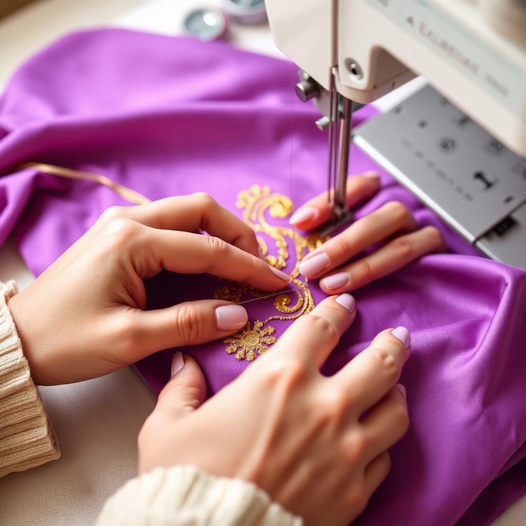 Expert stitching of gold embroidery on purple silk